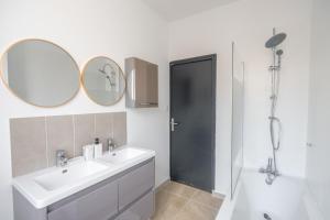 un bagno con lavandino, doccia e specchio di La Villa des Oliviers - Les Demeures d 'Adrien a Valenciennes Altre 35 foto