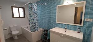 a bathroom with a toilet and a sink and a mirror at Primera linea playa in Vinarós +27 photos