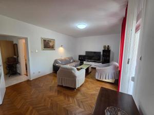 ein Wohnzimmer mit Sofa und Tisch in der Unterkunft Apartments Antonio in Baška