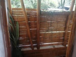 a window with wooden blinds in a room with a plant at Hostal El Bambú in Inzá