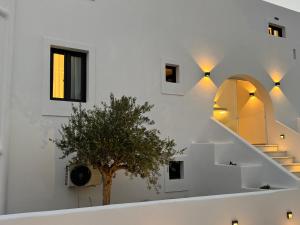 a staircase in a white building with a tree at Olive Garden Hotel in Agios Prokopios