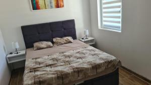 ein Schlafzimmer mit einem großen Bett mit zwei Nachttischen in der Unterkunft Silverdrop apartmani Srebrno jezero in Veliko Gradište