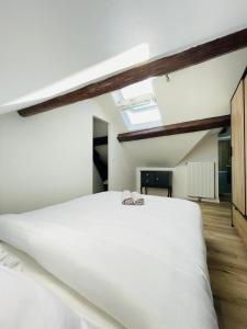 a bedroom with a white bed and a skylight at Le Refuge de Ferrare - 6 people - Hyper center in Fontainebleau
