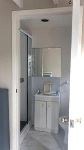 a bathroom with a sink and a toilet and a mirror at 1 Queen Bed and 1 Sofa Bed, Serviced Studio B in Auckland