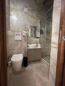 a bathroom with a toilet and a sink and a shower at Tris Appartements in Poggibonsi