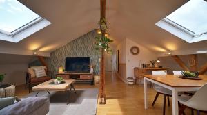 a living room with skylights and a living room with a tv at Treetop Apartment - Schwarzwald und Schwäbische Alb in Eutingen