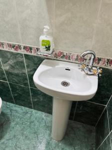 a white sink in a bathroom with a bottle of soap at Rooms in Granada