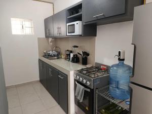 a kitchen with a black stove and a refrigerator at Departamento "Mar & Descanso" in Ciudad Madero