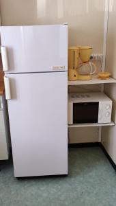 a white refrigerator in a kitchen with a microwave at LOU FILADOUR 6 personnes 1er étage in Jausiers