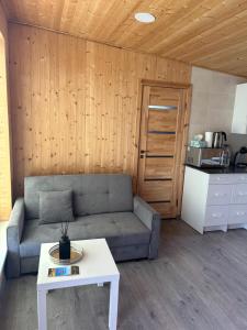 a living room with a couch and a table at Atostogų namelis Stebuliuose in Stebuliai