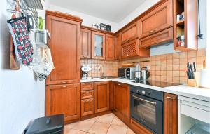 a kitchen with wooden cabinets and a black appliance at 3 Bedroom Cozy Home In Karlovac in Karlovac