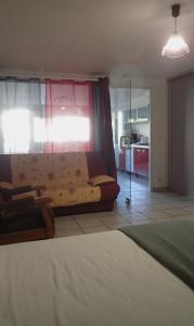 a living room with a bed and a window at Appartement spacieux de plain pied in Eugénie-les-Bains