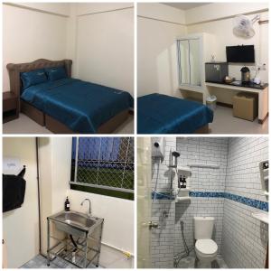 three pictures of a room with a bed and a bathroom at Boontorsub in Ban Khlong Samrong