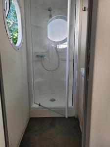 une douche dans une salle de bain avec une porte vitrée dans l'établissement Camping Le Hameau Des Pécheurs, à Novalaise