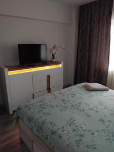 a bedroom with a bed with a television on a dresser at Manu Apartament in Târgu Neamț