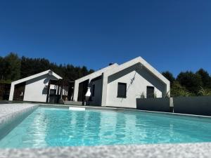 a house with a swimming pool in front of it at Leśna Polana Domki in Okuninka