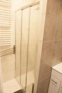 y baño con ducha y puerta de cristal. en Duplex Apartament Bałuty, en Łódź