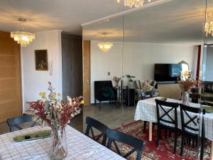 Winery Home Apartment في سانتياغو: غرفة معيشة مع طاولة وغرفة طعام