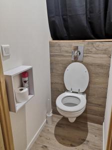 ein Bad mit einem WC und einer Holzwand in der Unterkunft Maison Pittoresque Terrasse et Jardin Monastir del Camp in Passa + 13 Fotos