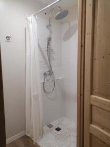 eine Dusche mit Duschvorhang im Bad in der Unterkunft Maison Pittoresque Terrasse et Jardin Monastir del Camp in Passa