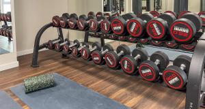 a rack of dumbbells in a gym at PLAZA Premium Berlin Kurfürstendamm in Berlin