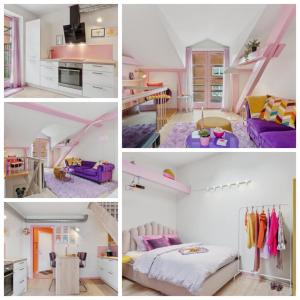 a collage of pictures of a room with pink at Colorful Oasis in Viborg Centre in Viborg
