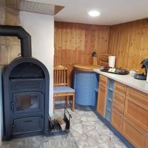 a kitchen with a wood stove in a kitchen at Idyllisches Jurahäusle - Sauna&Whirlpool für 2-12 Personen in Treuchtlingen