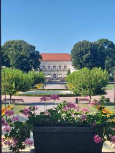 a park with benches and flowers in front of a building at Apartman Despot in Banja Koviljača