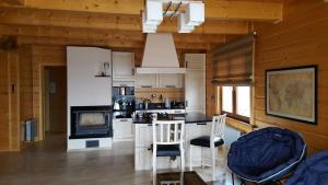 a kitchen with white appliances and chairs in a cabin at Beskidzka Chata in Hucisko