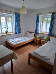 a room with two beds and two windows at Gingin- rooms in Hallstatt +9 photos