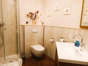 a bathroom with a toilet and a sink and a shower at Residenz Strandkrone 02 in Kühlungsborn +2 photos