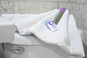 un asciugamano bianco con un tubetto di dentifricio appoggiato sul water di Hotel Metropolitan II a Irapuato