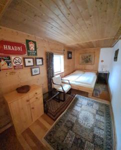 a room with a bed and a chair in a cabin at Chalupa na Maňavě in Maňava