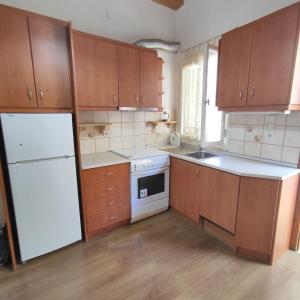 a kitchen with wooden cabinets and a white refrigerator at Anna's Apartment in Gaios +7 photos