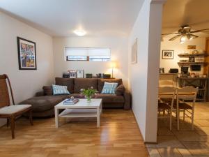 a living room with a couch and a table at SKOLO Apartment in Selfoss