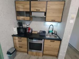 a small kitchen with wooden cabinets and a sink at Pool me up 22 apartment in Megali Ammos