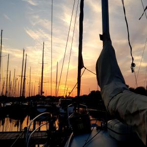 a group of boats docked in a harbor at sunset at Boots-Camping Grevelingen in Herkingen
