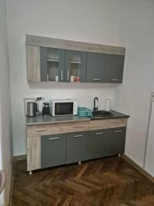 eine Küche mit Spüle und Mikrowelle in der Unterkunft Centrum House Hostel in Braşov