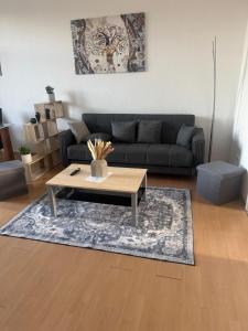 デトモルトにあるCharmante Altbauwohnung im Zentrum von Detmold, Paulaのソファとコーヒーテーブルのあるリビングルーム
