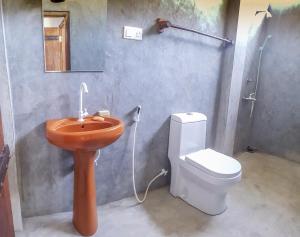 a bathroom with a sink and a toilet and a mirror at Oceanview in Talpe