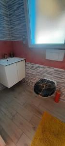 a bathroom with a sink and a toilet in a room at La Moustache Bleue in Bouin