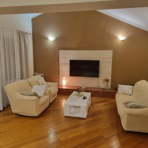 a living room with two chairs and a fireplace at Superior apartment Nina in Povljana