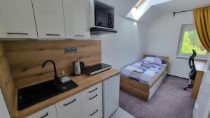 a kitchen with a sink and a bed in a room at Kampus Hotel Poruba in Ostrava