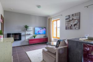 a living room with a couch and a tv at Luxury Flat in Brno PurpleRED in Brno