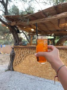 a person holding a glass of orange juice at Borsh Olive Camping in Borsh