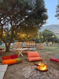 a fire pit with chairs and a table and a tree at Borsh Olive Camping in Borsh
