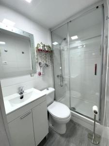 łazienka z prysznicem, toaletą i umywalką w obiekcie Acogedor apartamento exterior con balcón en el Barrio de Chueca, Gran Vía con aire acondicionado w Madrycie