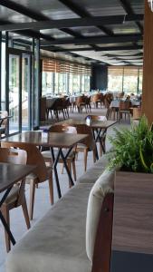 a restaurant with wooden tables and chairs and windows at Panorama Hotel & Spa in Kruševo
