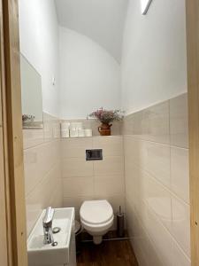 a white bathroom with a toilet and a sink at Templomdomb apartman in Kővágóörs