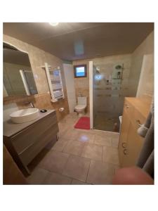 a bathroom with a sink and a toilet and a shower at La maison du pêcheur ! in Port-Bail-sur-Mer